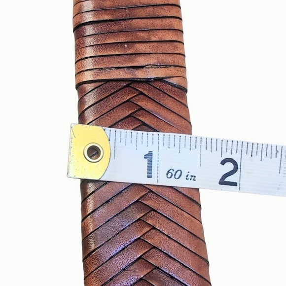 Brown Leather Woven Weaved Belt Silver Buckle Belt Waist 34-38" Inches - Picture 4 of 5